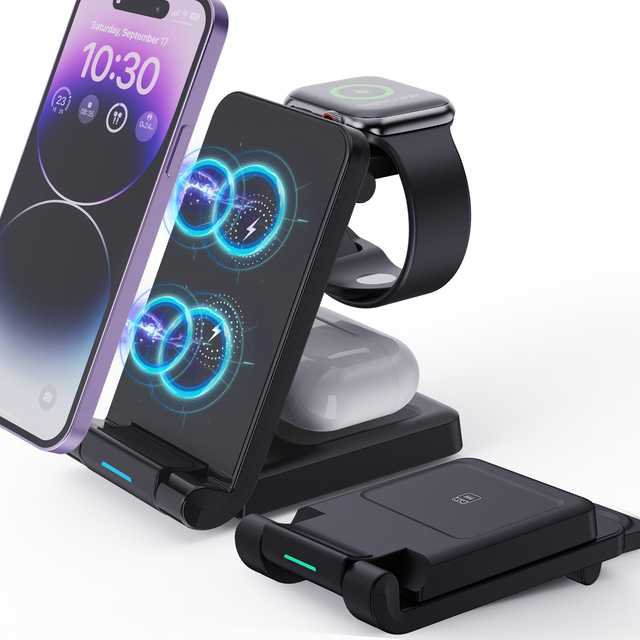 Portable Magnetic Foldable Flexible 3-in-1 Wireless Charger with 15W Fast Charging for Phone Smart Watch & Earphone-Camping Use