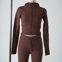 CNSHELL Flare Legging & Celana Katun Jersey Modal Wanita Set Dua Potong Crop Hoodie Ritsleting Pinggang Tinggi Slim Fit Stretch
