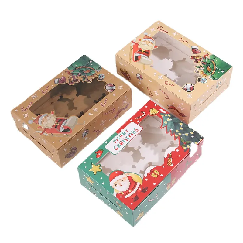 크리스마스 쿠키 상자 컵케익 구운 디저트 선물 포장 투명 창 브라우니 인서트가있는 베이커리 쿠키 상자 4 6 12 홀