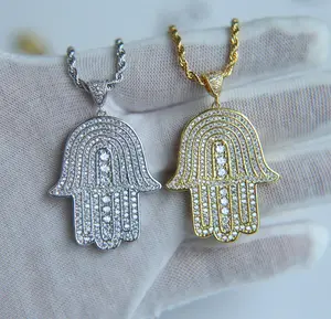 Drop ship rope long chain 60cm men jewelry hip hop pave cubic zirconia hamsa hand iced out cool pendant necklace gift