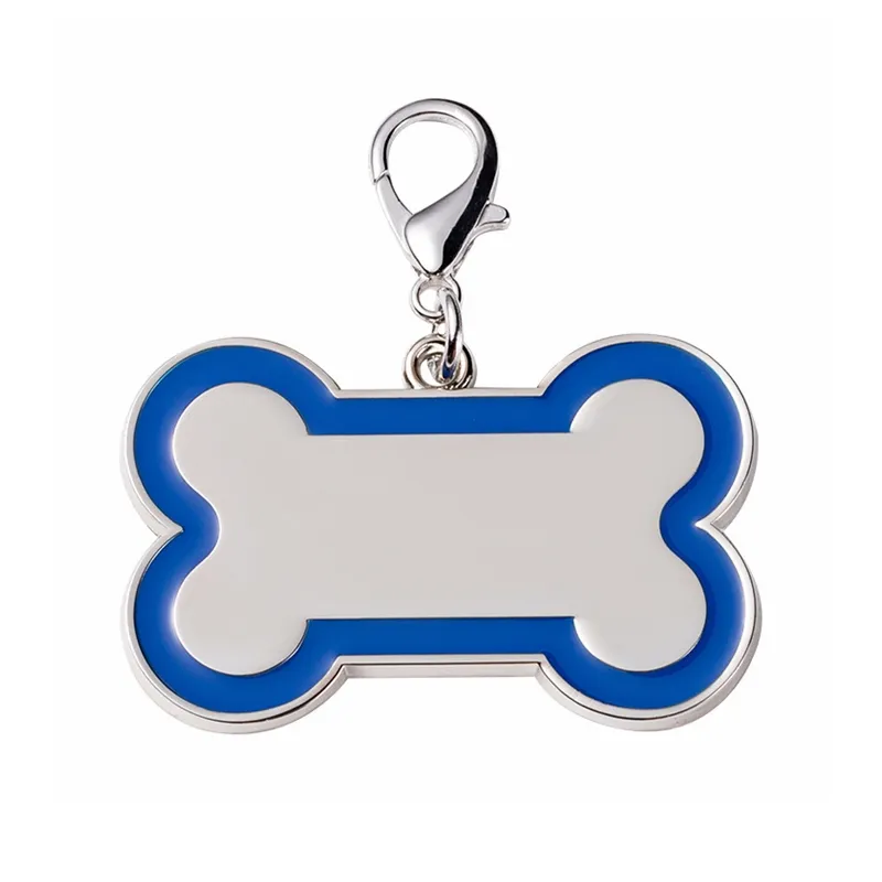 Collar de aluminio con nombre personalizado para mascotas, placa de identificación para perro y gato, con sublimación, grabado de nombre, Color metálico en blanco, borde, forma de hueso