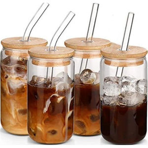 Pot en verre borosilicate à paroi simple de forme personnalisable de 16 oz <span class=keywords><strong>et</strong></span> 20 oz avec couvercle en bambou <span class=keywords><strong>et</strong></span> paille, <span class=keywords><strong>tasse</strong></span> à café - Product Image 5