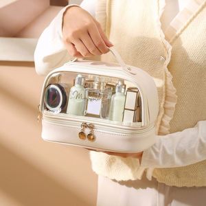 Large Capacity Double Layer Transparent PVC Toiletry Bag Skin Care Storage Soft PU Leather Cosmetic Bag With <b>Makeup</b> Brush <b>Holder</b> - Product Image 4