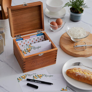 Boîte porte-cartes de recettes en acacia Organisateur de recettes 4x6 avec 6 séparateurs Boîte pour cartes d'index Boîte en bois pour comptoir de cuisine Menu de cuisine - Product Image 1