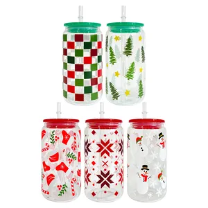 Christmas design checkered santa hats snowman trees printed 16oz drinking blank sublimation beer glass can cup with plastic lid