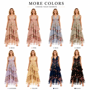 Robe longue élégante et chic à col en V profond, à volants floraux, à plusieurs niveaux, coupe ajustée, en tissu maille doux et léger, tenue de soirée OEKO TEX - Product Image 2