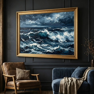 Pintura al Óleo de Olas Impactantes con Textura Intensa Pintada a Mano, Paisaje Marino Azul Marino Majestuoso, <span class=keywords><strong>Arte</strong></span> de Pared en Lienzo para Sala de Estar - Product Image 2