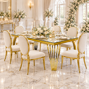 Mesa de Comedor Rectangular Moderna de Acero Inoxidable Dorado con Patas Curvas y Cubierta de Cristal para Eventos y Bodas - Product Image 2