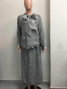 Ensemble 2 pièces en tricot avec nœud perlé pour femme - Pull oversize à bordure en dentelle et jupe longue assortie - Product Image 6