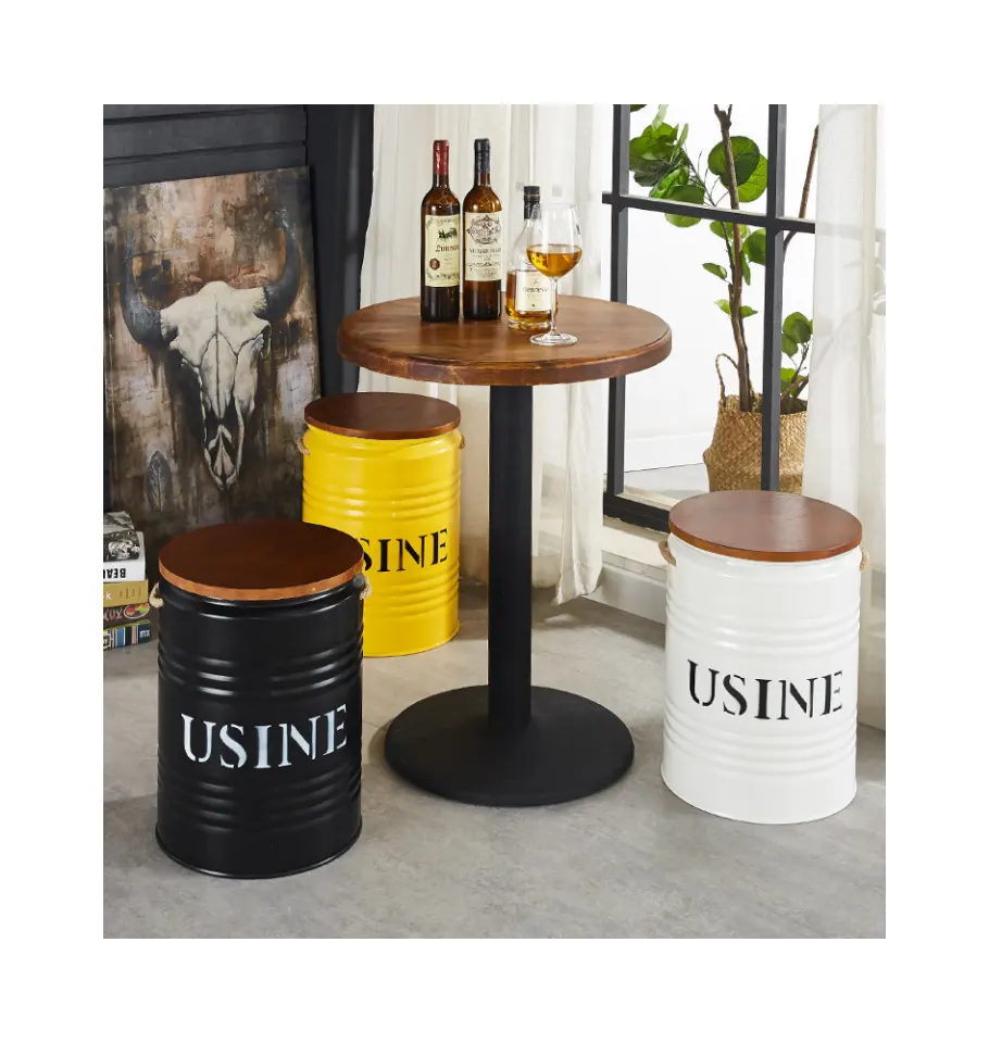 American paint bucket industrial style bar tavern stool storage bucket stool loft iron solid wood round dining table