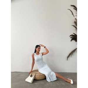 Vestido ajustado a rayas estilo otomano con cuello redondo, tejido transpirable, cintura natural, vestido informal para diario - Product Image 4