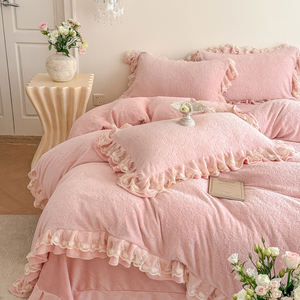 ชุดผ้าทอลายลูกไม้สีทึบชุดผ้ากำมะหยี่นม4ชิ้นสำหรับเด็กผู้หญิงเจ้าหญิงสีชมพูขอบใบบัวชุดสี่ชิ้น - Product Image 2