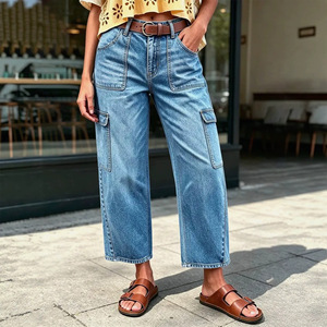 Jean cargo large pour femme, coupe droite, longueur courte, bleu, style workwear, taille haute, en denim, tailles européennes et américaines S M L XL - Product Image 1