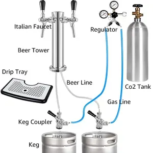 双啤酒水龙头水龙头Kegerator塔，带啤酒滴水盘，直径3英寸。不锈钢柱式啤酒分配器，带软管，扳手酿造