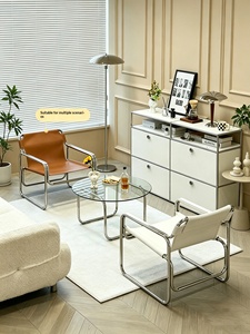 Poltrona Moderna Minimalista Stile Bauhaus Mid-Century, Sedia da Caffè in Pelle e Acciaio Inossidabile - Product Image 5