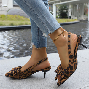 Factory Custom Ladies Fashion Stiletto Heels with Big Bow - Pointed Toe Slingback <strong>Pumps</strong> in Leopard &amp; <strong>Glitter</strong> Finishes - Product Image 3