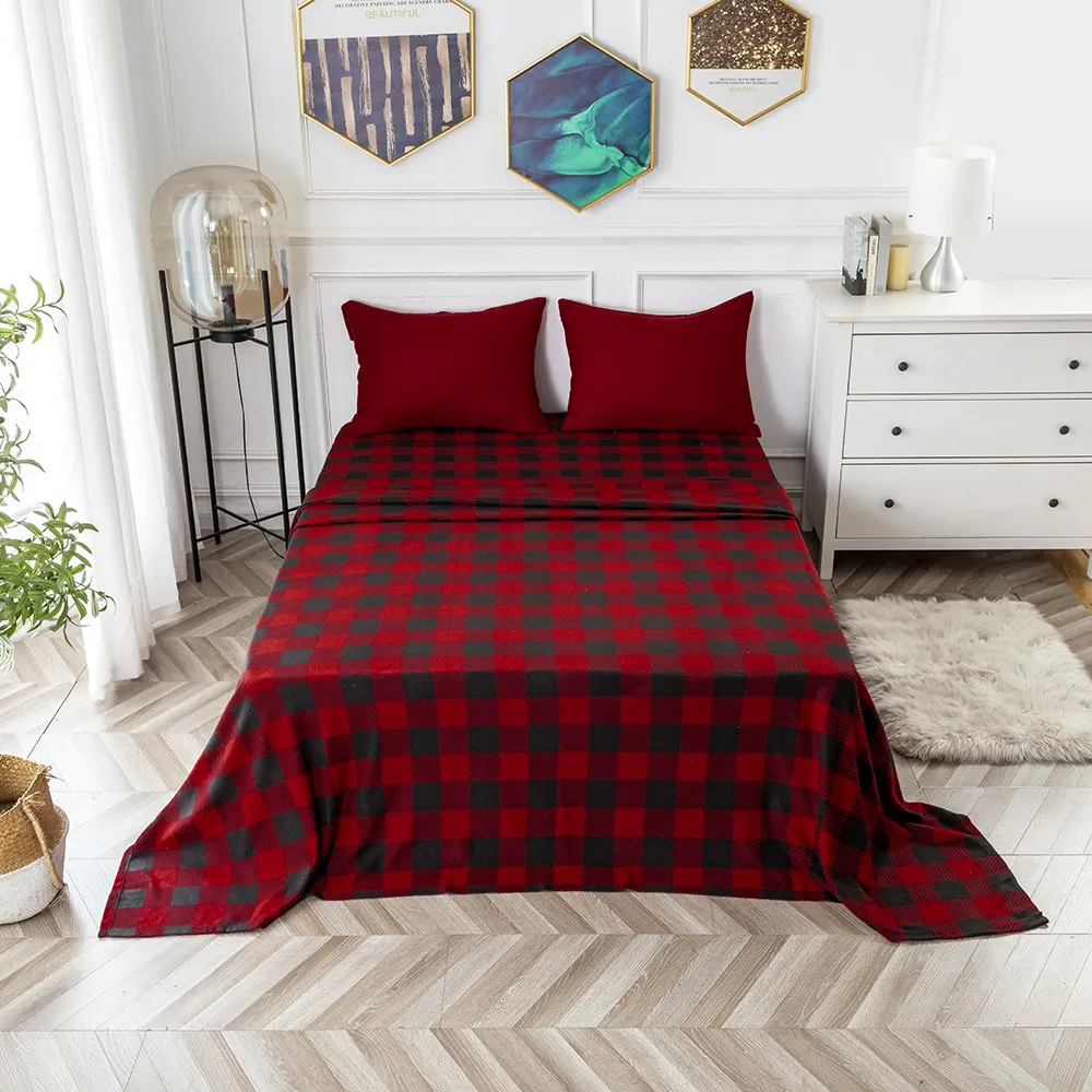 Factory Wholesale 100% Polyester Christmas Buffalo Plaid Quilt Cover Pillowcase Comforters Sheets Bedding Set Customize