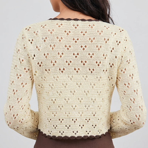 Elegante Cárdigan de Punto Crema con Detalles Calados para <span class=keywords><strong>Mujer</strong></span>, Cuello Redondo, Abotonado, Ligero, Transpirable, para Primavera/Verano - Product Image 3