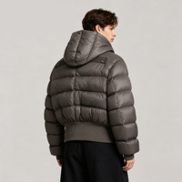 Veste courte en duvet pour homme avec logo personnalisé JF1919, style bomber rembourré, capuche, olive, noir, café, matelassée, coupe-vent
