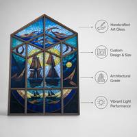 Vitrail artisanal vintage en verre teinté, motif galleon maritime, soleil et vague, religieux, décoratif pour chapelle, design architectural personnalisé
