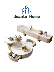 קל יוקרתי מודרני יוקרתי נירוסטה שילוב שולחן קפה ארון טלוויזיה סלון פינות מעוגלות גודל חדש - Product Image 6