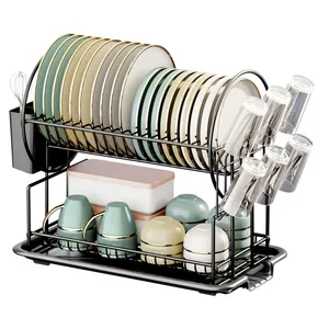 High Quality Double-Layer Stainless Steel Dish Plate Storage Holder Kitchen Plate Organization And Drainage Bowl Rack