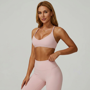 Wholesale Women V Neck Thin Strap Cross <b>Back</b> Sports <b>Bra</b> Removable Pad <b>Low</b> Support Nude Soft Gym Fitness Yoga <b>Bra</b> - Product Image 3
