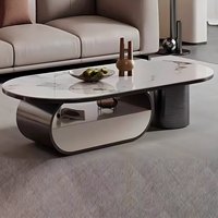 Table basse ovale en pierre frittée aspect marbre, plateau en métal brossé, rangement multi-tiroirs, luxe léger pour maison, hôtel, villa