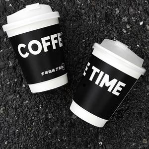 Vasos de Papel Personalizados de Doble Pared para Té de Burbujas, Color Negro y Blanco, de 8oz, 12oz, 14oz y 16oz, con Tapas - Product Image 1