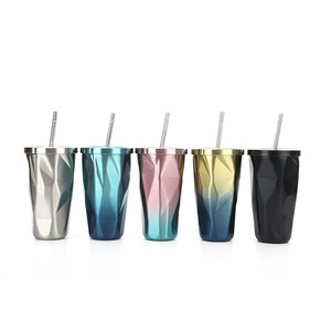 Vaso de Acero Inoxidable de Doble Pared con Aislamiento al Vacío, con Pajita, para Viaje, 5 Colores, Diseño Geométrico - Product Image 1