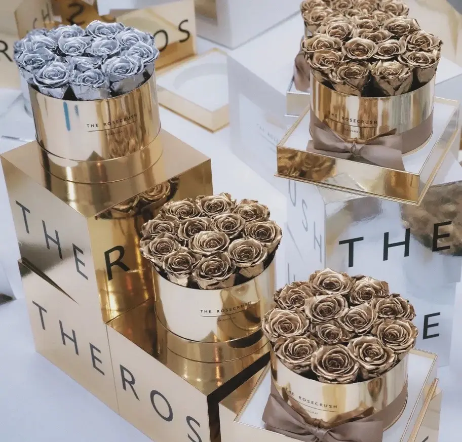 Cajas de rosas naturales de alta calidad personalizadas, rosas preservadas en caja redonda de flores, venta al por mayor