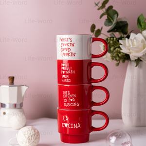 Vente en gros de tasses à café en céramique empilables pour la cuisine verres en porcelaine avec citations drôles et poignée rouge tasses quotidiennes tendance pour la maison et le café - Product Image 1