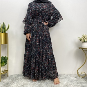 Vestidos Casuales de Verano Modestos de Gasa Floral con Forro Completo y Manga Larga, Abaya para Mujeres Musulmanas 6564 # - Product Image 2