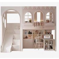 Lit superposé pour enfants sur le thème de la maison de poupées JS FURNITURE avec toboggan et bureau d'étude, ensemble de lit pour enfants en bois blanc