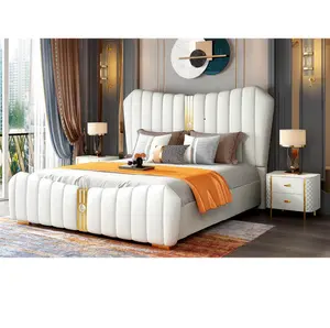 Mobiliário de design moderno cama de couro branco luxuoso quarto principal conjunto de camas de casal luxuosas