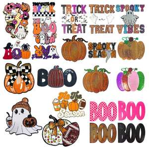 Patchs brodés en chenille à sequins personnalisés pour la saison halloweenienne, motif fantôme et citrouille, thermocollants pour vêtements d'Halloween, vente en gros - Product Image 1