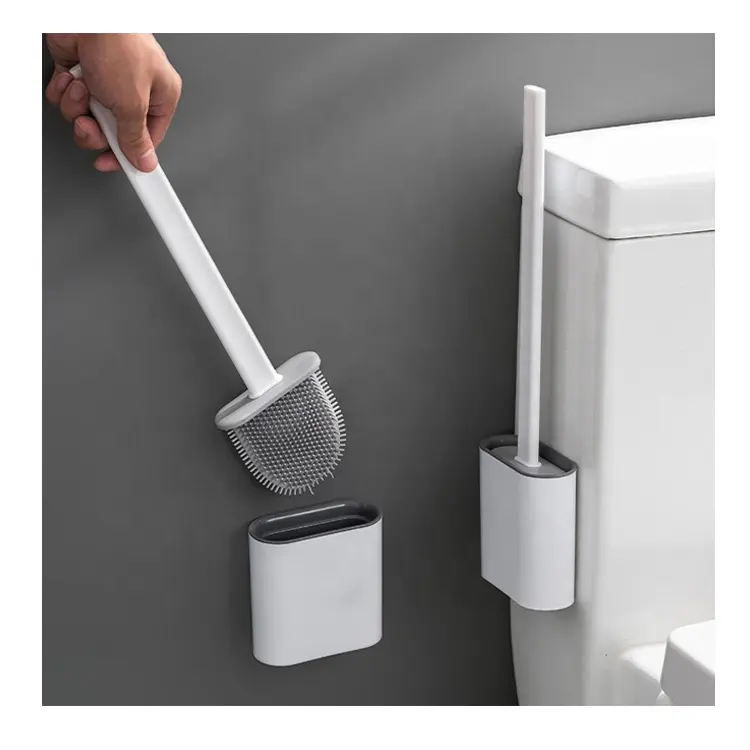 Sotfamily Silicone Toilet Brush Head & Stainless Steel Handle Toilet Brush with Holder White Bathroom Silicone Toilet Brushes & Holders for Toilet Cleaning 