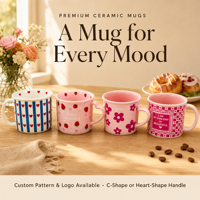 Mug en céramique personnalisé OEM ODM avec poignée en forme de cœur, tasse à café en porcelaine, motif et logo personnalisés, mugs de consommation domestique, commande en gros