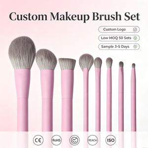 Lot <span class=keywords><strong>de</strong></span> 8 pinceaux <span class=keywords><strong>de</strong></span> maquillage véganes en gros, manche en bois rose, logo personnalisé, marque privée, poils synthétiques, pinceaux cosmétiques - Product Image 1