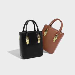 Brown leather handbag with gold palm <b>buckle</b>, fashionable and personalized women's <b>bag</b> - Product Image 6