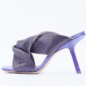Sandalias de tacón alto con tiras anudadas de diamantes para mujer, estilo mule, de fiesta, con tacón de cuña fino, tipo pantuflas - Product Image 1