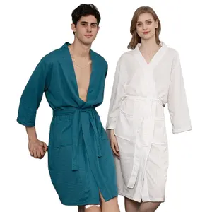 2023 신상품 와플 목욕 가운 사우나 원피스 여성용 얇은 잠옷 긴 커플 라운지웨어 호텔 목욕 가운 남성용 잠옷