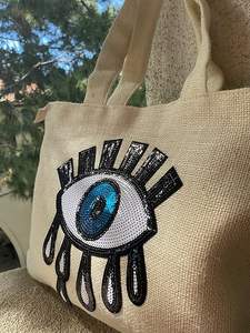 Bolso de <span class=keywords><strong>playa</strong></span> plegable de yute con bordado de ojo turco hecho a mano de Ama-zon, con asa larga, cierre de cremallera, cristales y borlas - Product Image 6