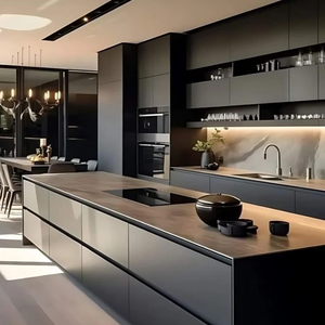 Meubles d'îlot de cuisine noir mat, design de cuisine moderne minimaliste, étagères ouvertes, sièges de bar, amplement de rangements - Product Image 6