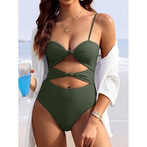 Women One Piece Swimsuit <b>Tummy</b> <b>Control</b> Twist Cutout Bandeau Swimwear Beach Vacation Clothes - Product Image 3