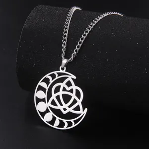 Vintage Celtic Knot Moon Heart Pendant Stainless Steel Necklace for Men Fashion Gothic Chain Jewelry Party Aesthetic Amulet Gift