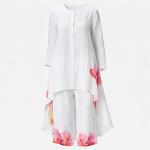 Completo <span class=keywords><strong>Due</strong></span> Pezzi Personalizzato da Donna in Misto Lino e Cotone con Stampa Floreale, Tunica Asimmetrica e Pantaloni a Gamba Larga, Outfit Artistico e Modesto - Product Image 3