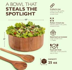 Bol à salade en bois extra large, best-seller, ensemble de bols à mélanger en bois avec ustensiles de service pour la cuisine à domicile - Product Image 2