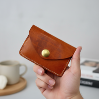 Dompet Kartu Kulit Asli Buatan Tangan Vintage Berlapis Lilin, Kulit Sapi Asli, Kancing Kuningan, Jahitan, Dompet Mini Pendek Portabel Pria & Wanita
