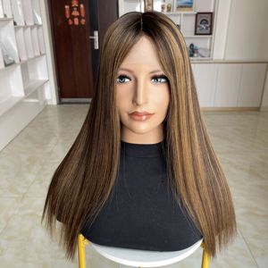 Stock <b>Brown</b> Highlight Human Hair Silicone Perimeter Medical <b>Wigs</b> with Anti-slip Strip Silk Top Hand Tied <b>Wig</b> for Alopecia - Product Image 2